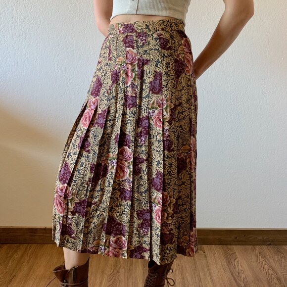 Vintage High Waisted Rose Floral Pleated Midi Skirt, Sz Small - Picture 3 of 9